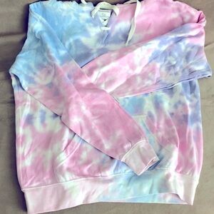 Dreamsickle Women L Tye Dye Pink Blue Hoodie front tie pullover